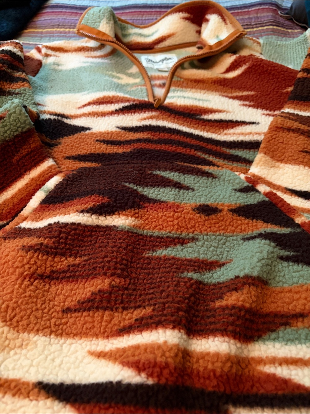 Wrangler Aztec Sherpa Pullover in Rust, Mint, Cream, Brown - Picture 4 of 5